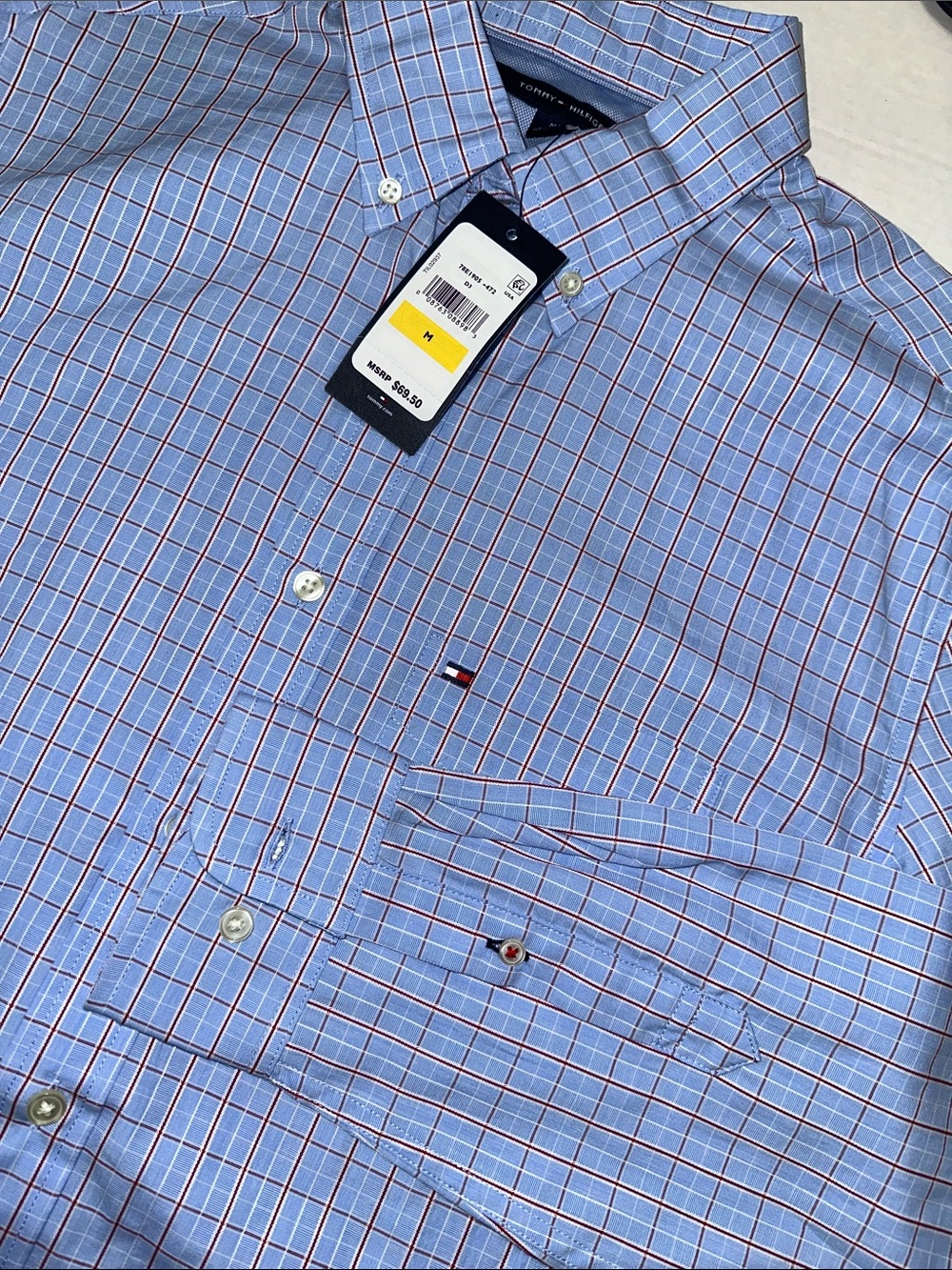 NEW Tommy Hilfiger Men’s Button Down Shirt Size Medium Cotton Blue Red White